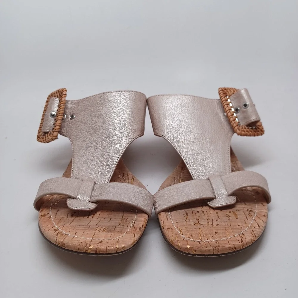 Donald Pliner VINESP Champagne Metallic Cork Wedge Sandals Woven Buckle 7.5M